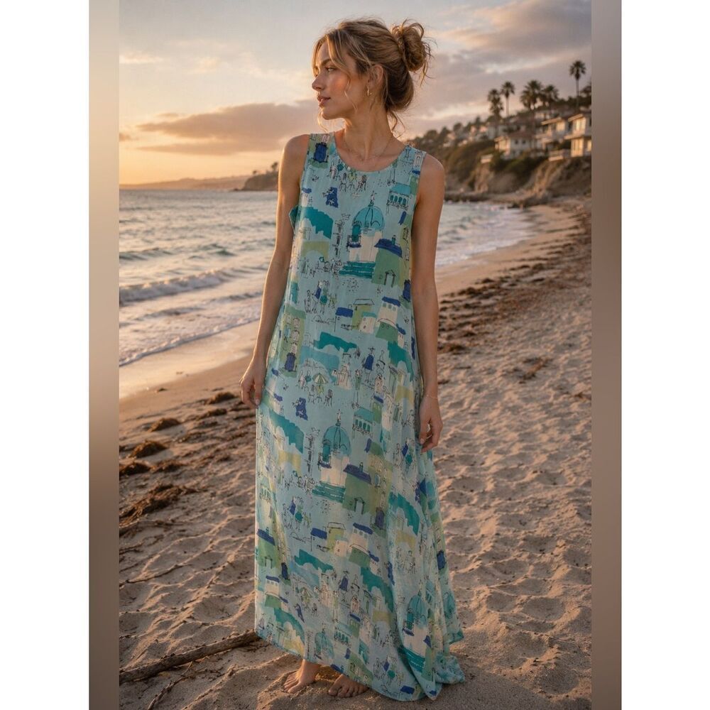 VTG Napa Valley Teal Green House Novelty Print Maxi Dress L Vacay Summer Europe